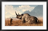 A marmot approaches an old and grey woolly rhinocerous Fine Art Print