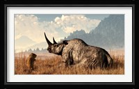 A marmot approaches an old and grey woolly rhinocerous Fine Art Print