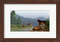 A saber-toothed cat looks across a river at a family of deer Fine Art Print