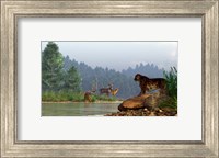 A saber-toothed cat looks across a river at a family of deer Fine Art Print