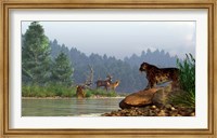 A saber-toothed cat looks across a river at a family of deer Fine Art Print