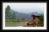 A saber-toothed cat looks across a river at a family of deer Fine Art Print