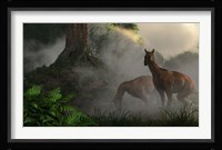 A pair of Macrauchenia grazing in a prehistoric forest Fine Art Print