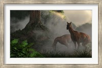 A pair of Macrauchenia grazing in a prehistoric forest Fine Art Print