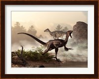 A pair of velociraptors patrol the shore of an ancient lake Fine Art Print