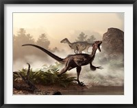 A pair of velociraptors patrol the shore of an ancient lake Fine Art Print