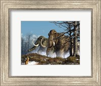 A rabbit witnesses a herd of mammoths in a snowy forest Fine Art Print