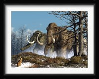 A rabbit witnesses a herd of mammoths in a snowy forest Fine Art Print