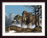 A rabbit witnesses a herd of mammoths in a snowy forest Fine Art Print
