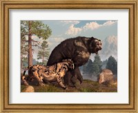 A saber-toothed cat tries to drive a short-faced bear out of its territory Fine Art Print