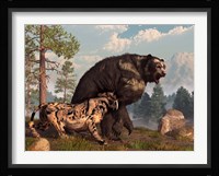 A saber-toothed cat tries to drive a short-faced bear out of its territory Fine Art Print