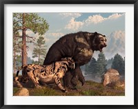 A saber-toothed cat tries to drive a short-faced bear out of its territory Fine Art Print