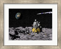 Apollo on surface of moon, with Saturn V rocket in the background Fine Art Print