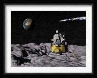Apollo on surface of moon, with Saturn V rocket in the background Fine Art Print