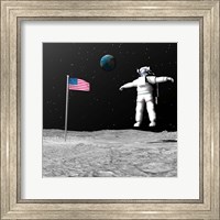 First astronaut on the moon floating next to American flag Fine Art Print