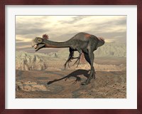 Gigantoraptor dinosaur walking  on rocky terrain Fine Art Print
