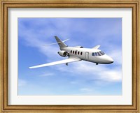 Private jet plane flying in cloudy blue sky Fine Art Print