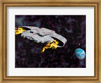 Spaceship with afterburners engaged as it approaches planet Earth Fine Art Print
