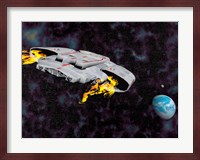 Spaceship with afterburners engaged as it approaches planet Earth Fine Art Print