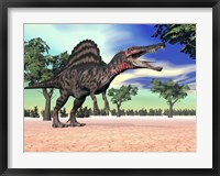 Spinosaurus standing in the desert with trees Fine Art Print