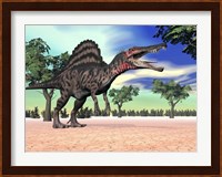 Spinosaurus standing in the desert with trees Fine Art Print