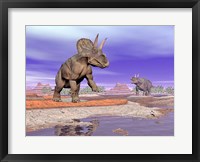 Two Nedoceratops next to water in a colorful rocky landscape Fine Art Print