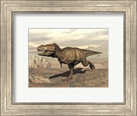 Tyrannosaurus Rex dinosaur running across rocky terrain Fine Art Print