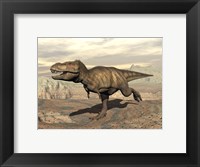 Tyrannosaurus Rex dinosaur running across rocky terrain Fine Art Print