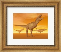 Tyrannosaurus Rex dinosaurs in an orange foggy desert by sunset Fine Art Print