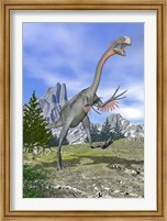 Gigantoraptor dinosaur running in the mountains Fine Art Print