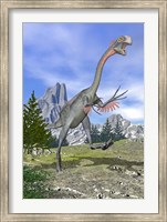 Gigantoraptor dinosaur running in the mountains Fine Art Print