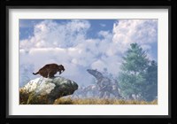 A Eusmilus watches a herd of Paraceratherium Fine Art Print