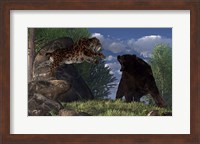 A saber-toothed cat leaps at a grizzly bear on a mountain path Fine Art Print