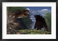 A saber-toothed cat leaps at a grizzly bear on a mountain path Fine Art Print