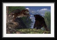 A saber-toothed cat leaps at a grizzly bear on a mountain path Fine Art Print