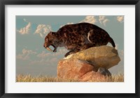 A Smilodon sits on a rock surrounded by golden fall fields Fine Art Print