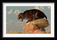 A Smilodon sits on a rock surrounded by golden fall fields Fine Art Print