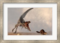 A velociraptor chasing a rat sized mammal Fine Art Print