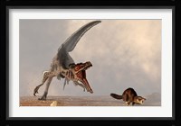 A velociraptor chasing a rat sized mammal Fine Art Print
