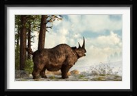 A woolly rhinoceros trudges through the snow, Pleistocene epoch Fine Art Print