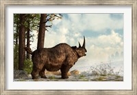 A woolly rhinoceros trudges through the snow, Pleistocene epoch Fine Art Print