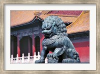 China, Beijing, Lion statue guards Forbidden City Fine Art Print