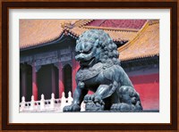 China, Beijing, Lion statue guards Forbidden City Fine Art Print