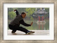 Man Doing Tai Chi Exercises at Black Dragon Pool with One-Cent Pavilion, Lijiang, Yunnan Province, China Fine Art Print