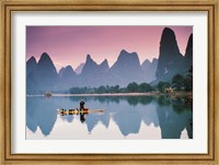 Cormorant fishing at dusk, Li river, Guangxi, China Fine Art Print