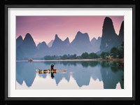 Cormorant fishing at dusk, Li river, Guangxi, China Fine Art Print