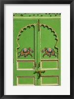 Elephants painted on green door, City Palace, Udaipur, India Fine Art Print