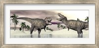 Two Tyrannosaurus rex dinosaurs fighting in the water Fine Art Print