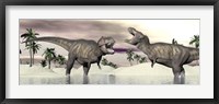 Two Tyrannosaurus rex dinosaurs fighting in the water Fine Art Print