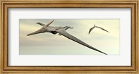 Two pteranodon dinosaurs flying in cloudy sky Fine Art Print